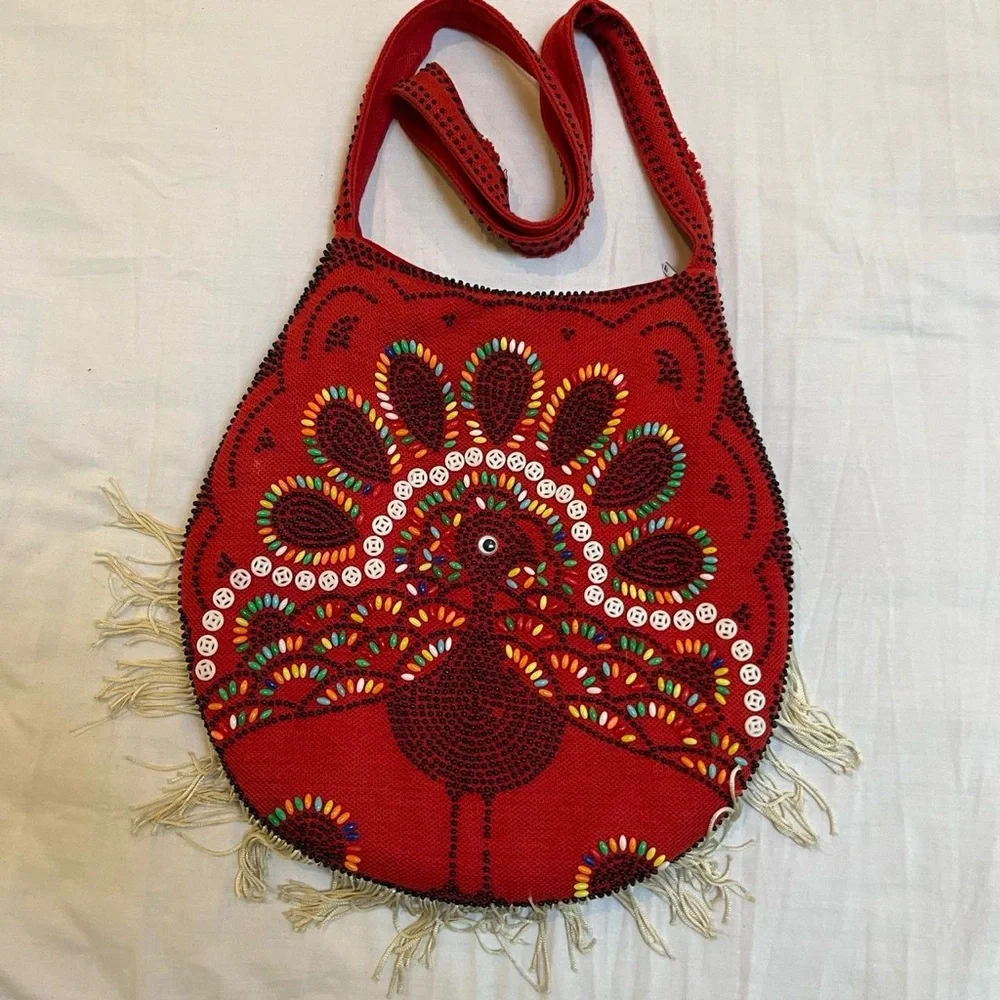 Red Beaded and Embroidered Peacock Satchel Purse‎ Vintage 1970s